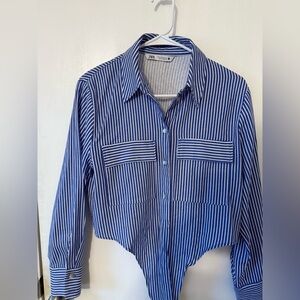 Zara Navy and White Striped Blouse